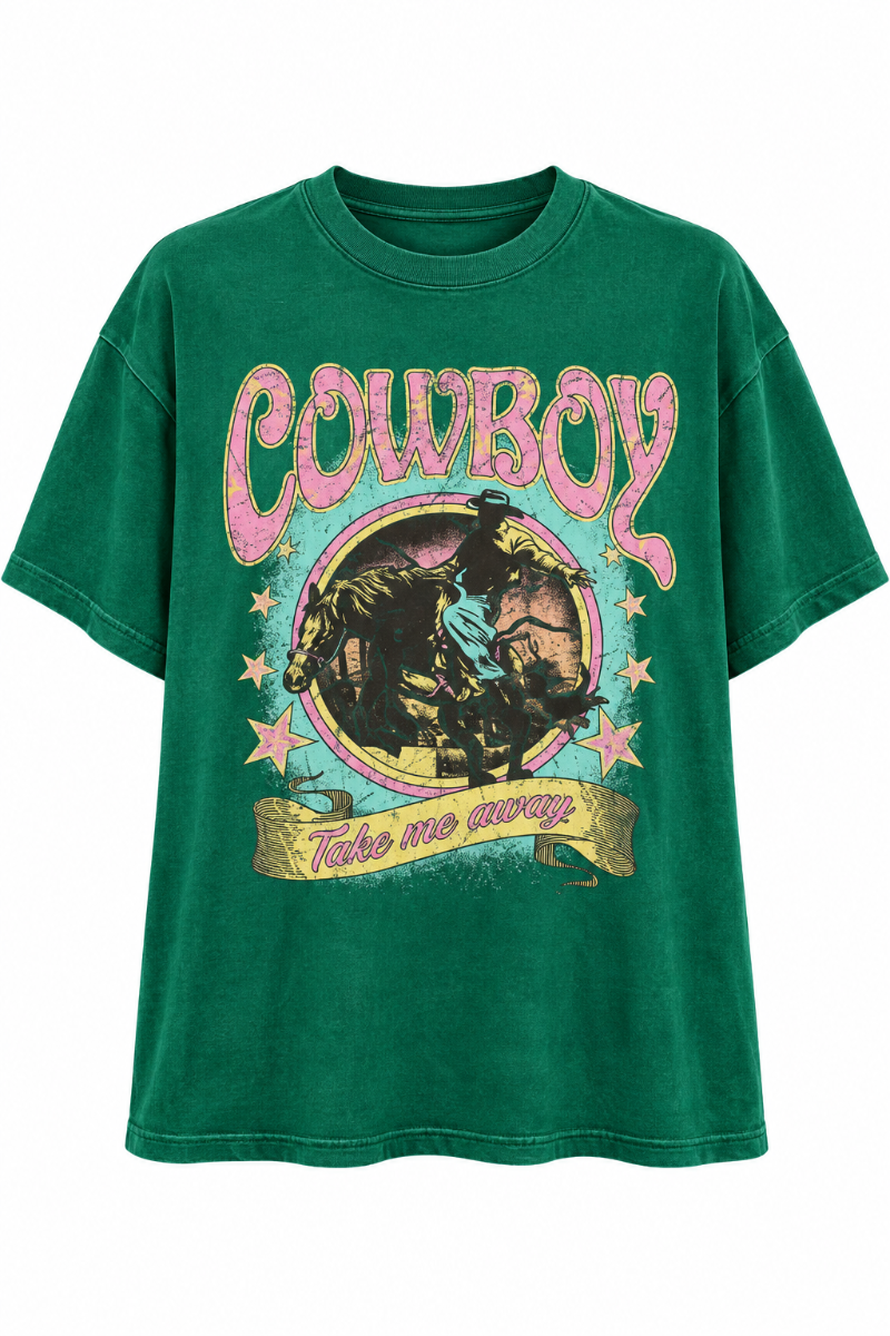 Trestles Clothing Company oversized green cotton graphic tee featuring a vintage-style cowboy and horse illustration.